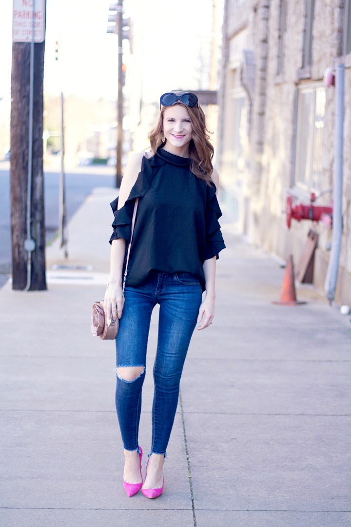 Black Ruffle Cold Shoulder Top feat. Urban Girl Boutique